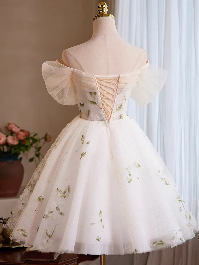 A-Line Tulle Off Shoulder Lace Light Champagne Short Prom Dress, Cute Homecoming Dress - Deanwangkt
