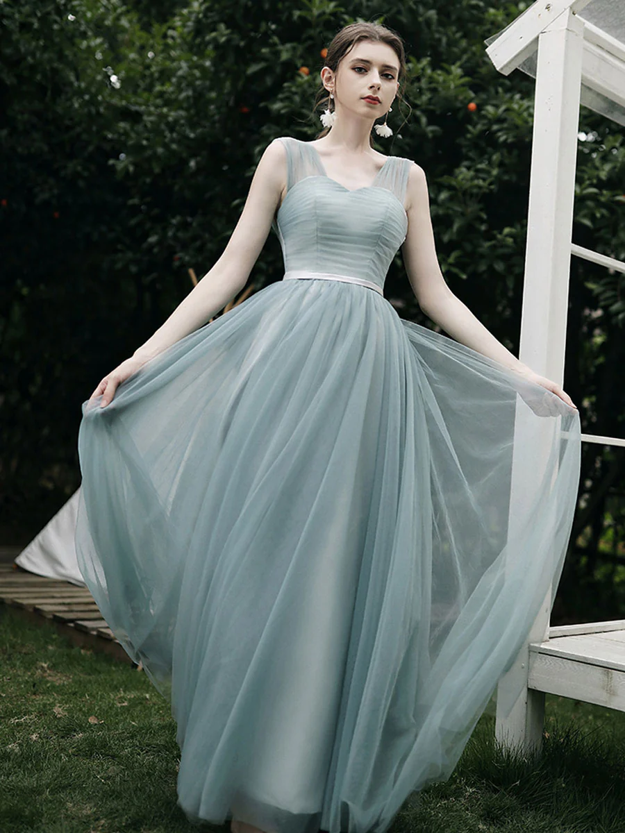 Simple A line Green Tulle Long Prom Dress, Green Tulle Bridesmaid Dresses - Deanwangkt