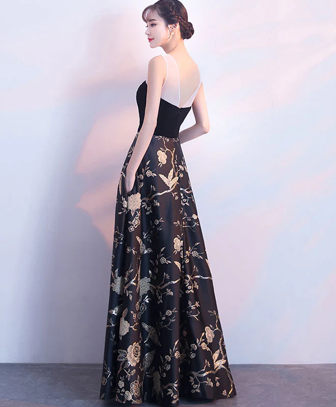 Black Floral Pattern Long Prom Dress, Black Evening Dress - Deanwangkt