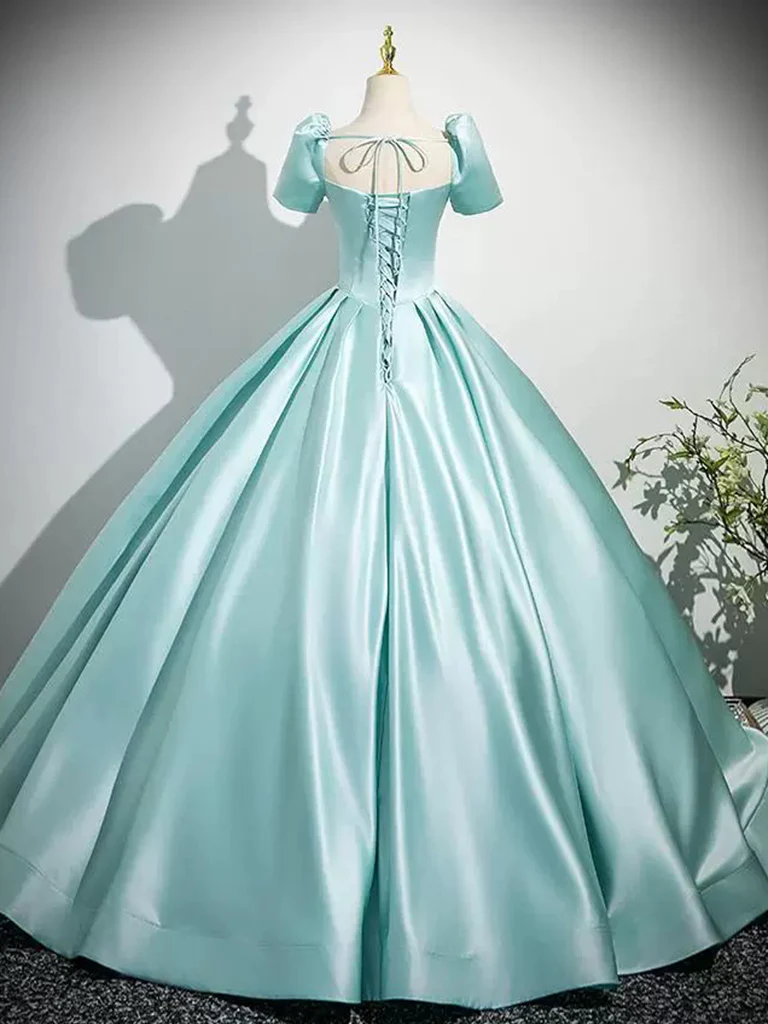 A-Line Puff Sleeves Satin Mint Blue Long Prom Dress, Mint Blue Long Formal Dress - Deanwangkt