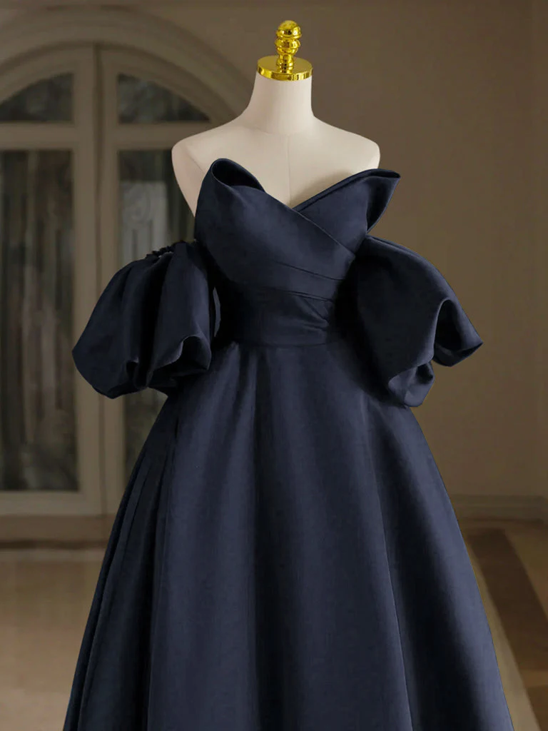 A-Line V Neck Satin Dark Blue Long Prom Dress, Dark Blue Long Formal Dress - Deanwangkt