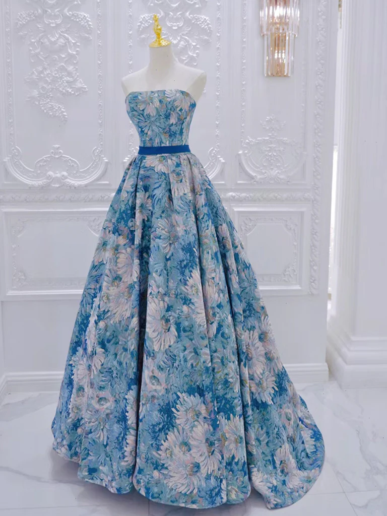 Unique A-Line Flower Satin Blue Long Prom Dress, Blue Long Formal Dress - Deanwangkt