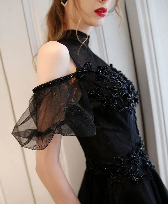 Unique Black High Neck Tulle Long Prom Dress, Black Evening Dress - Deanwangkt