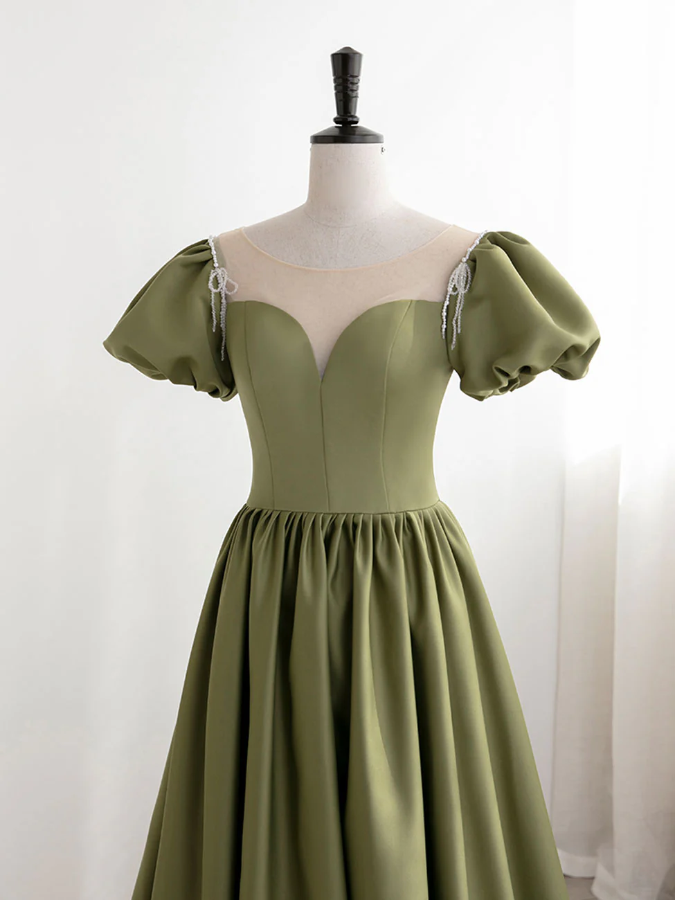 Green Puff Sleeves Satin Long Prom Dress, Green Long Formal Dresses - Deanwangkt