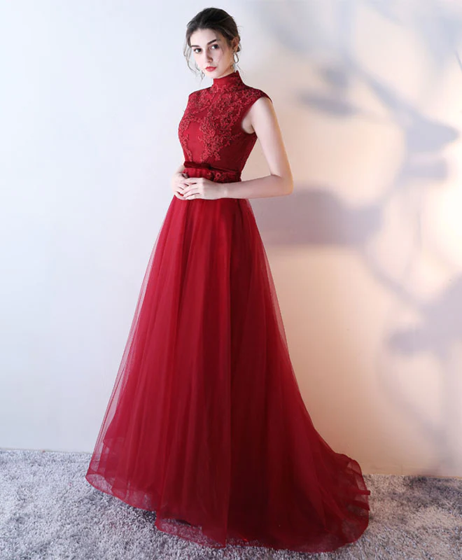 Burgundy Lace Tulle Long Prom Dress, Burgundy Evening Dress - Deanwangkt