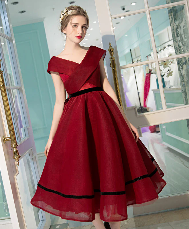 Burgundy V Neck Tea Length Prom Dress, Burgundy Evening Dress - Deanwangkt