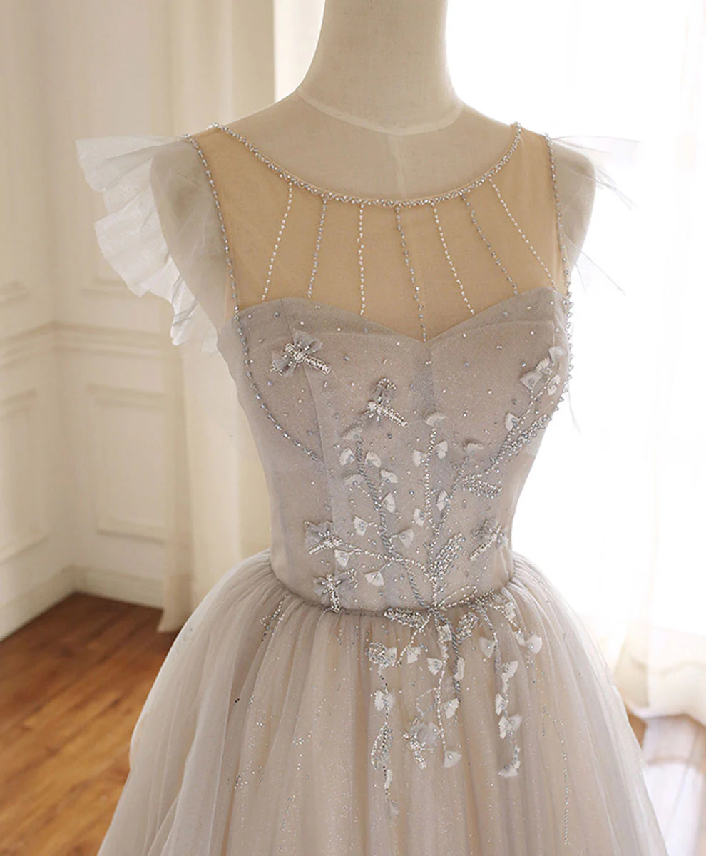 Gray Purple Round Neck Tulle Long Prom Dress, A line Formal Graduation Dress - Deanwangkt