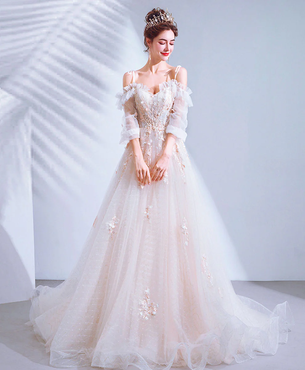 Light Pink Tulle Lace Long Prom Dress Lace Long Evening Dress - Deanwangkt