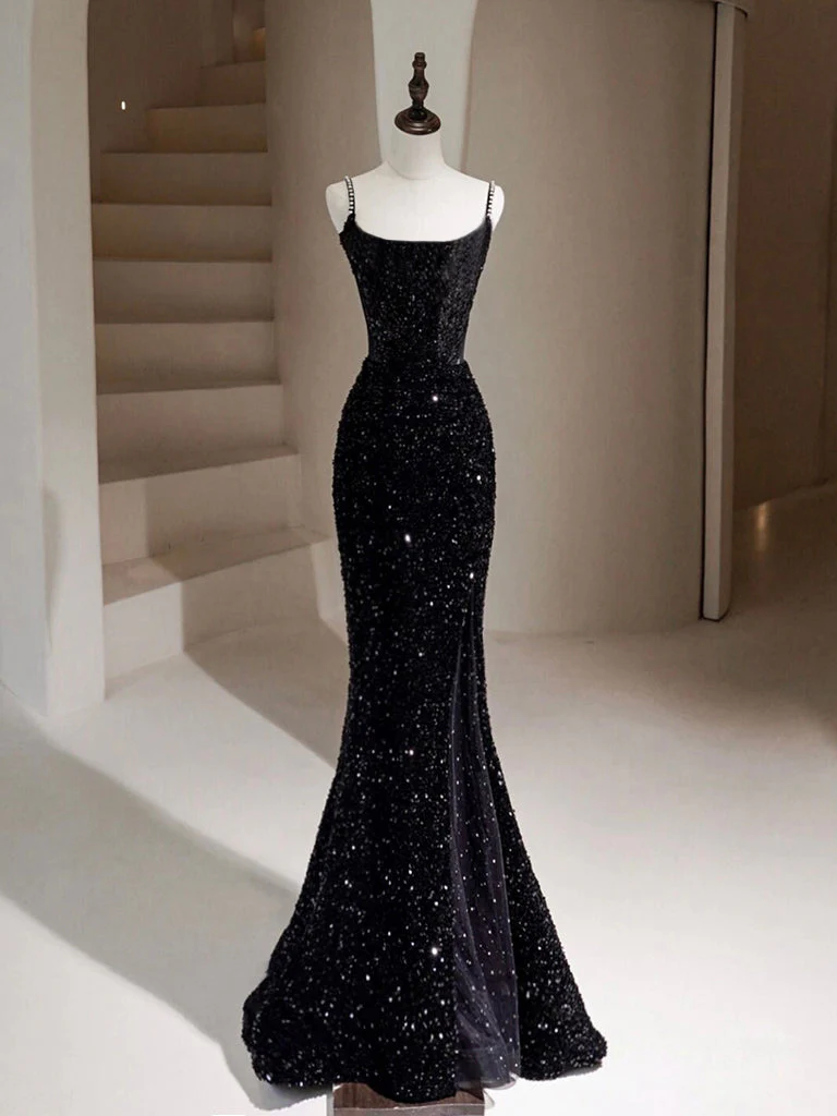 Simple Mermaid Velvet Sequin Black Long Prom Dress, Black Long Evening Dress - Deanwangkt