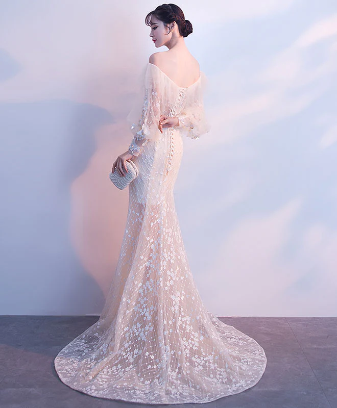 Champagne Tulle Lace Mermaid Long Prom Dress, Tulle Lace Evening Dress - Deanwangkt