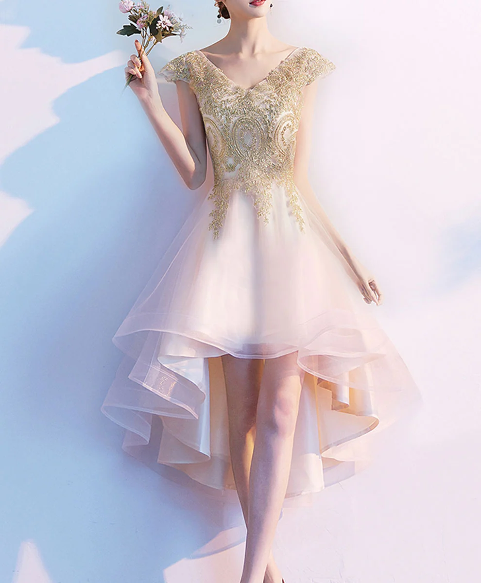 Gold Tulle Lace High Low Prom Dress Lace Homecoming Dress - Deanwangkt