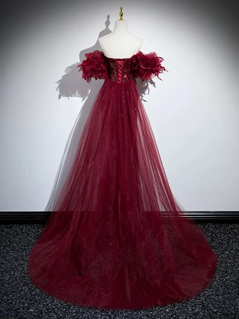 Mermaid Off Shoulder Sequin Burgundy Long Prom Dress, Burgundy Long Evening Dress - Deanwangkt