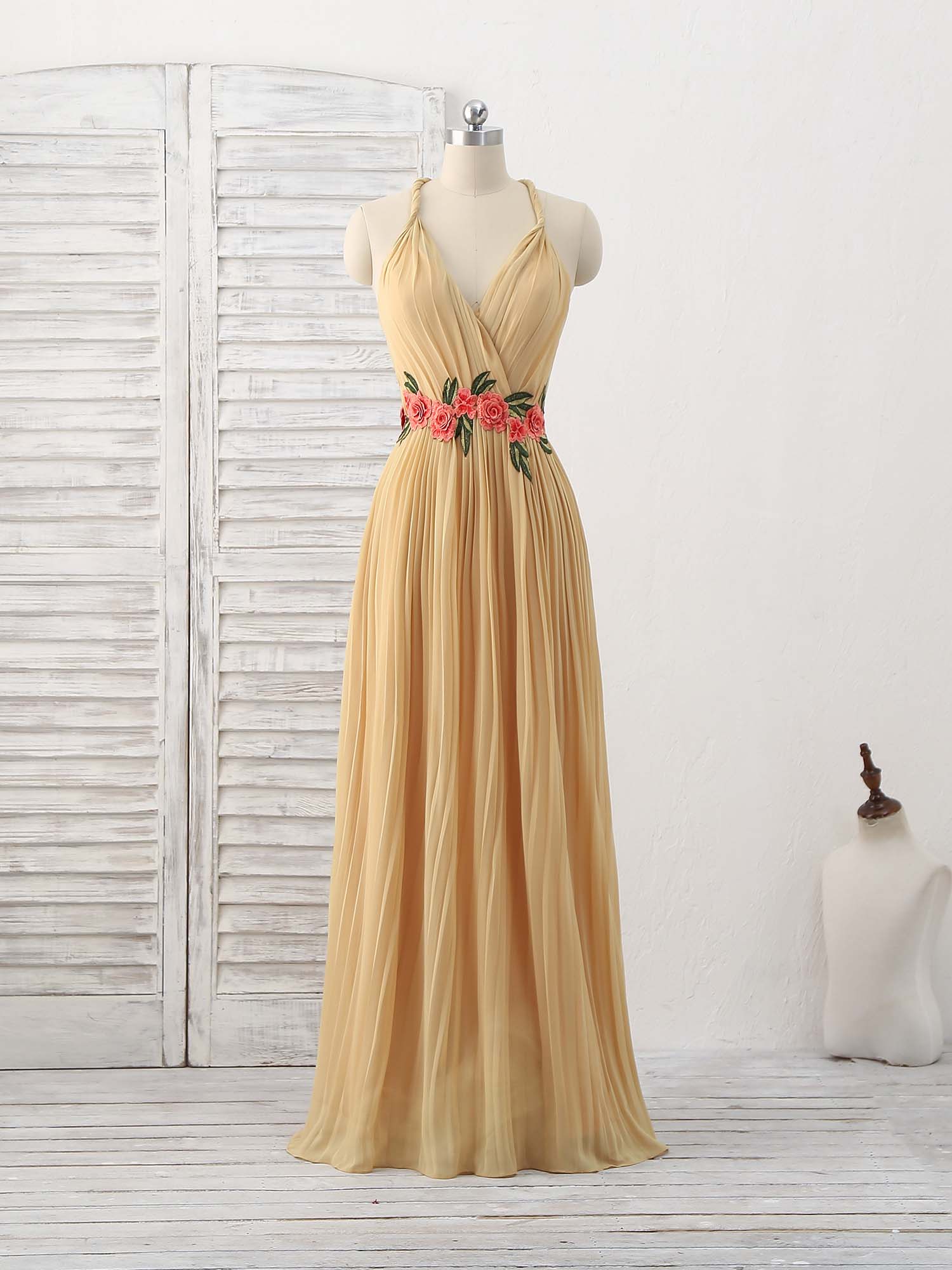 Champagne Chiffon Long Prom Dress, Chiffon Evening Dress - Deanwangkt