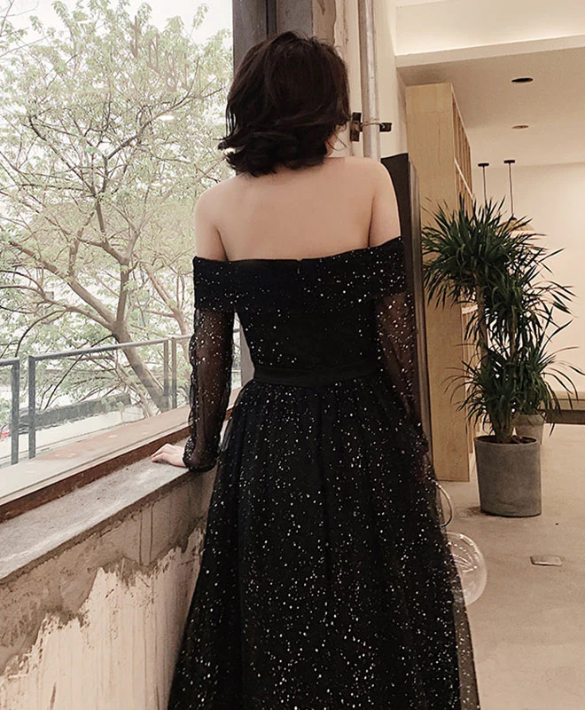 Black Tulle Long Prom Dress, Shiny Black Tulle Evening Dress - Deanwangkt