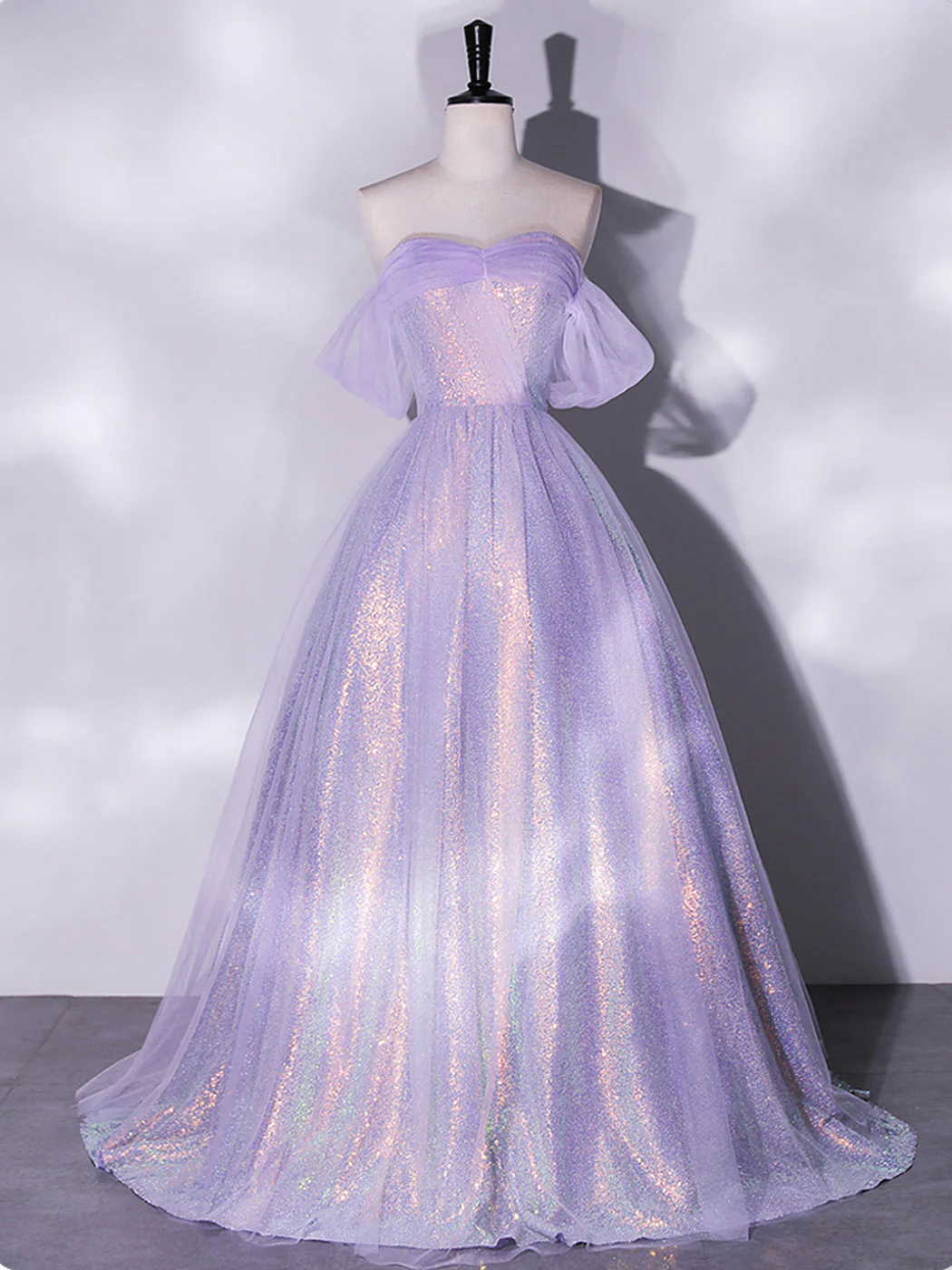 Purple A-Line Tulle Sequin Long Prom Dress, Purple Sequin Long Formal Dress - Deanwangkt
