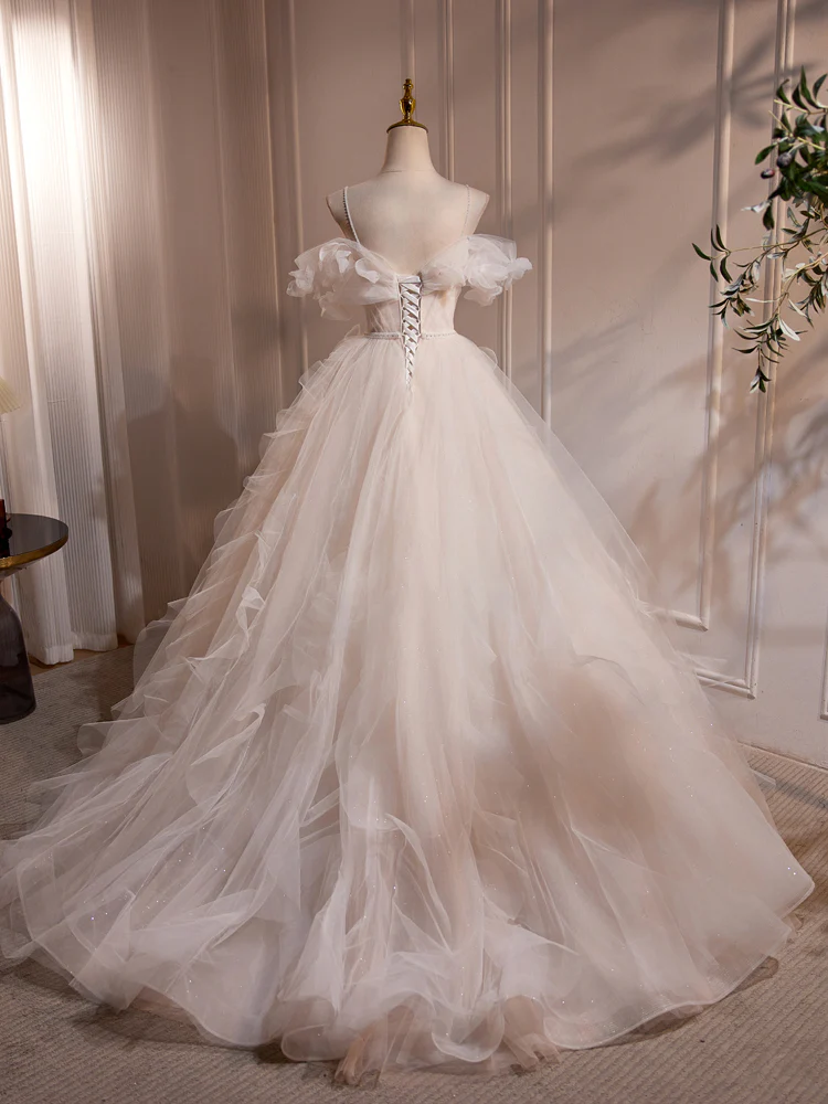 A-Line Off Shoulder White Long Prom Dress, White Long Tulle Sweet 16 Dress - Deanwangkt