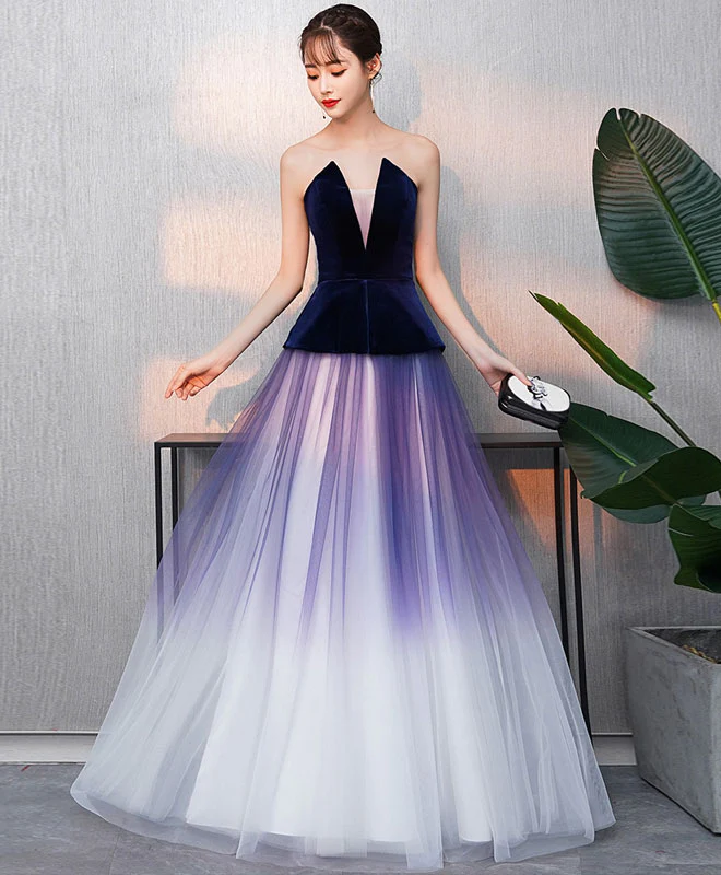 Simple V Neck Tulle Purple Long Prom Dress, Purple Evening Dress - Deanwangkt