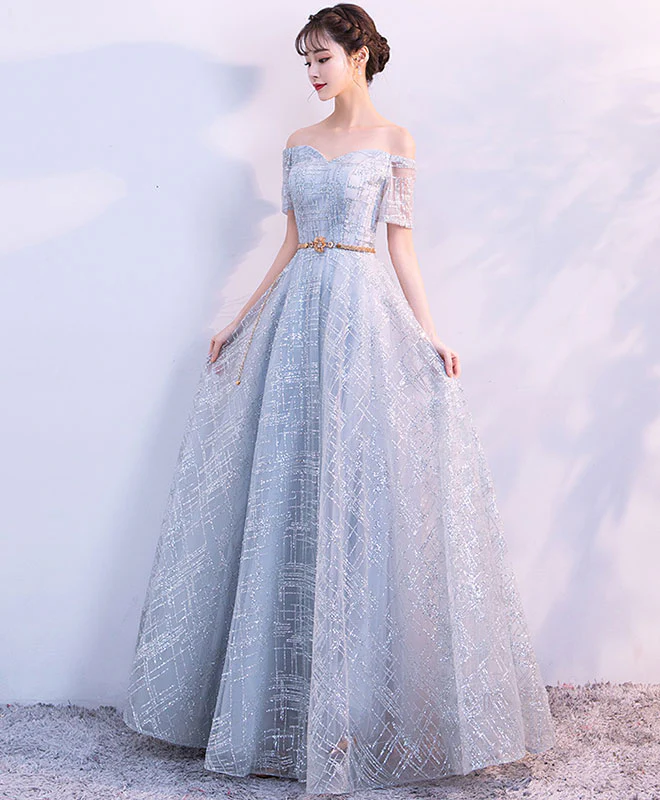 Unique Tulle Gray Long Prom Dress, Tulle Gray Evening Dress - Deanwangkt
