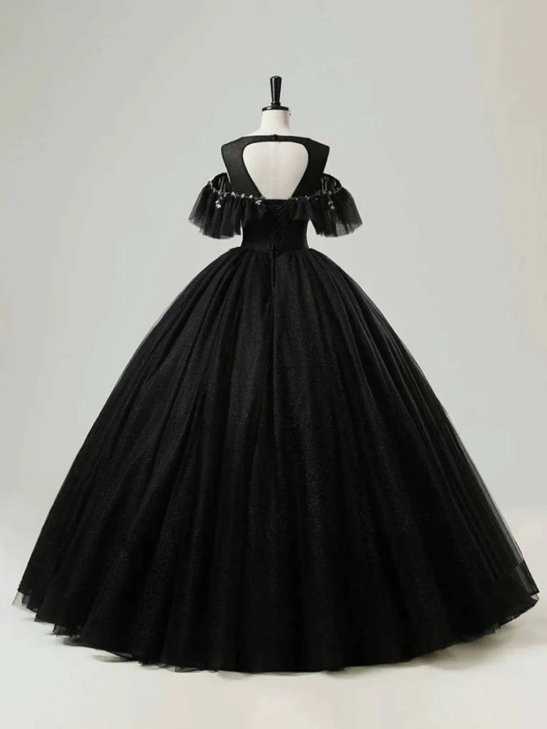 A-Line Round Neck Tulle Lace Black Long Prom Dress, Black Long Sweet 16 Dress - Deanwangkt