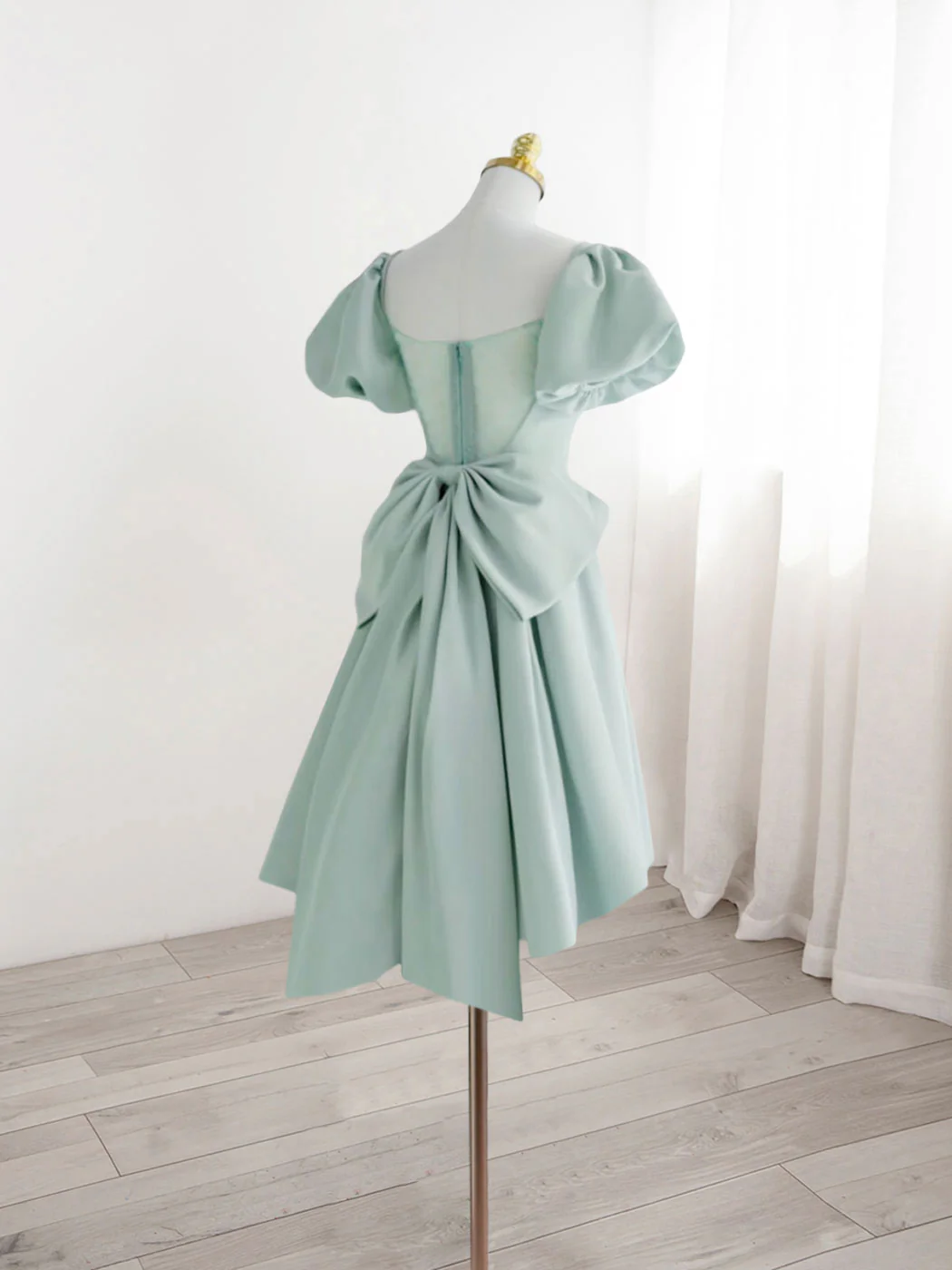 A-Line Green Puffy Sleeve Short Prom Dress, Green Formal Dress - Deanwangkt