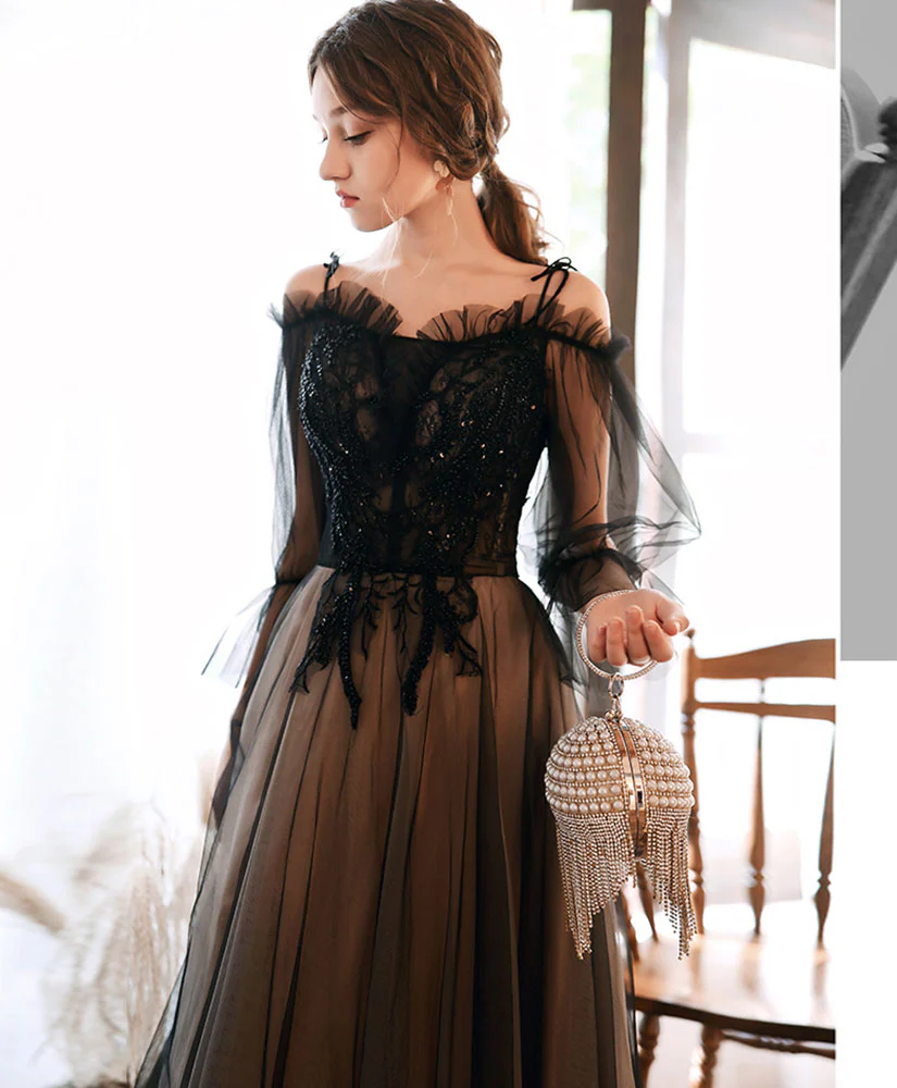 Black Tulle Lace Long Prom Dress Black Lace Evening Dress - Deanwangkt