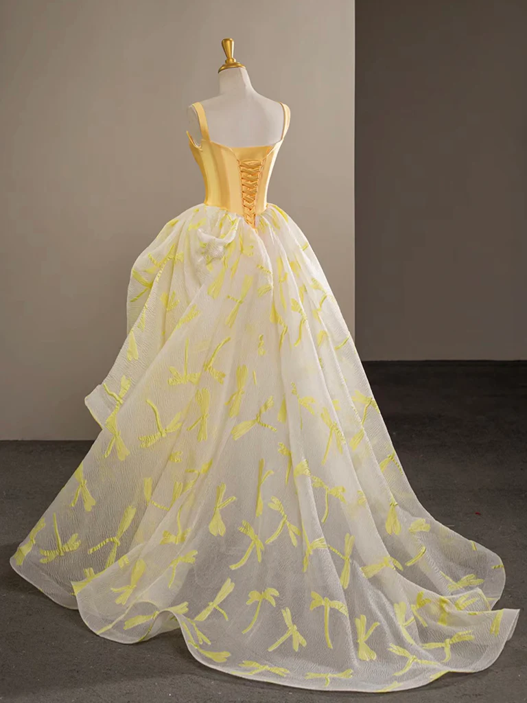 A-Line Satin Tulle Yellow Long Prom Dress, Yellow Graduation Dress - Deanwangkt