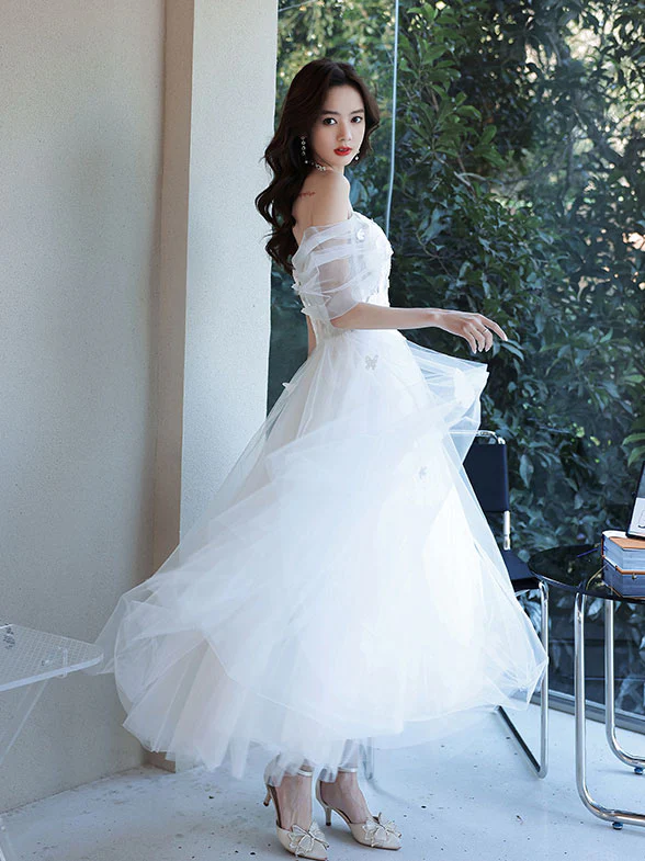 White Sweetheart Off Shoulder Tulle Lace Tea Length Prom Dress - Deanwangkt
