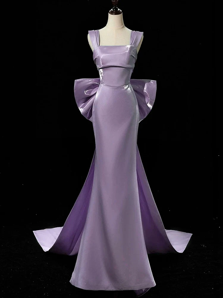 Simple Satin Purple Long Prom Dress, Purple Long Formal Dress with bow tie - Deanwangkt