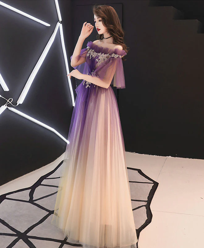 Elegant Tulle Lace Long Prom Dress Purple Tulle Evening Dress - Deanwangkt