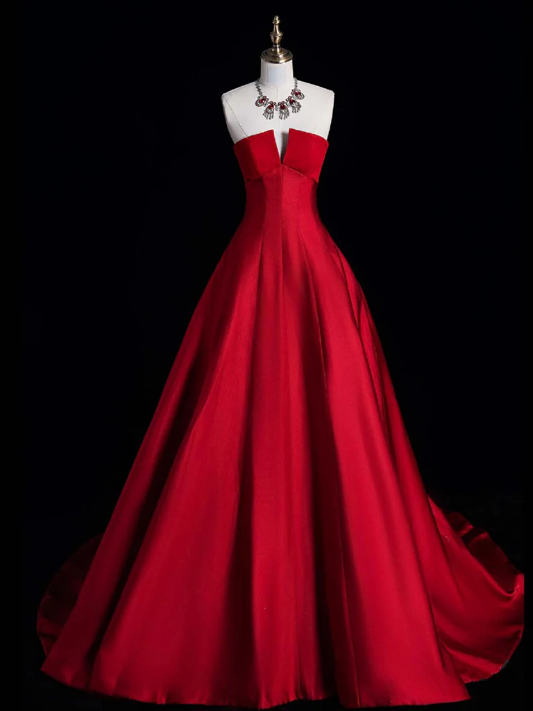 A-Line Burgundy Satin Long Prom Dress, Burgundy Long Formal Dress - Deanwangkt