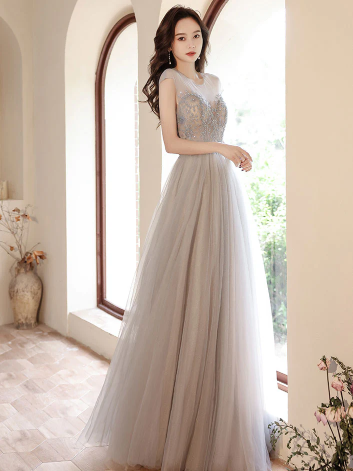 Gray Round Neck Tulle Beads Long Prom Dress, Gray Evening Dress - Deanwangkt