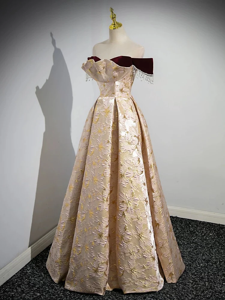 A-Line Off Shoulder Satin Champagne Long Prom Dress, Champagne Long Formal Dress - Deanwangkt