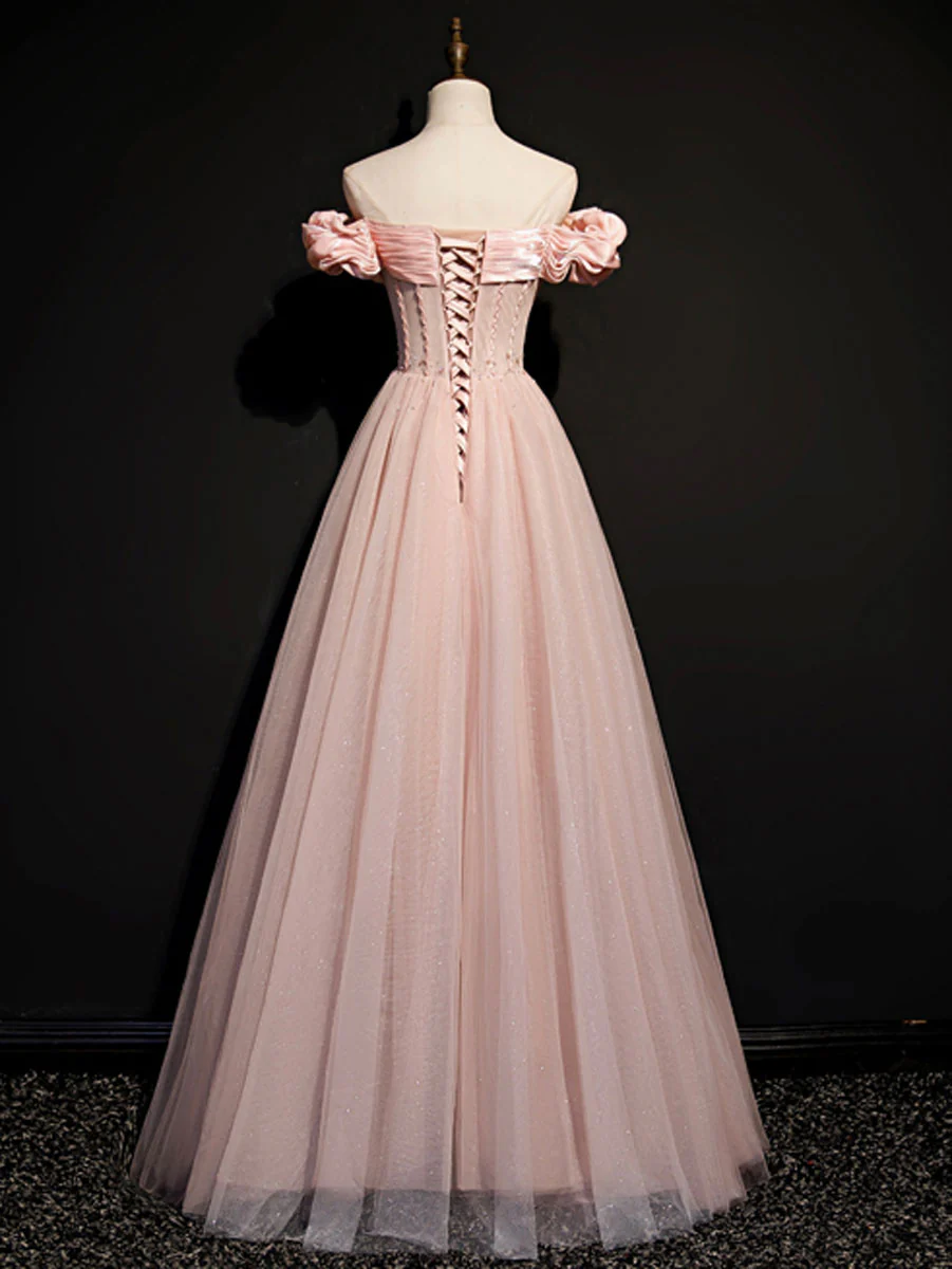 A line Pink Long Prom Dresses, Pink Tulle Formal Graduation Dresses With Beading - Deanwangkt