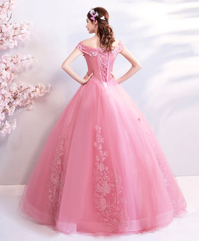 Pink Tulle Off Shoulder Lace Long Prom Dress, Pink Evening Dress - Deanwangkt