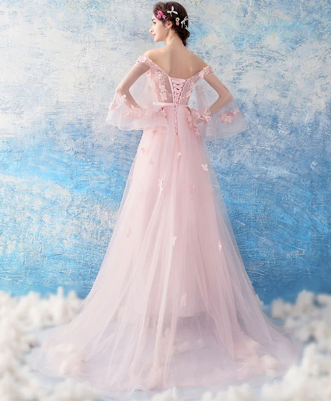 Pink Tulle Lace Long Prom Dress, Pink Evening Dress - Deanwangkt