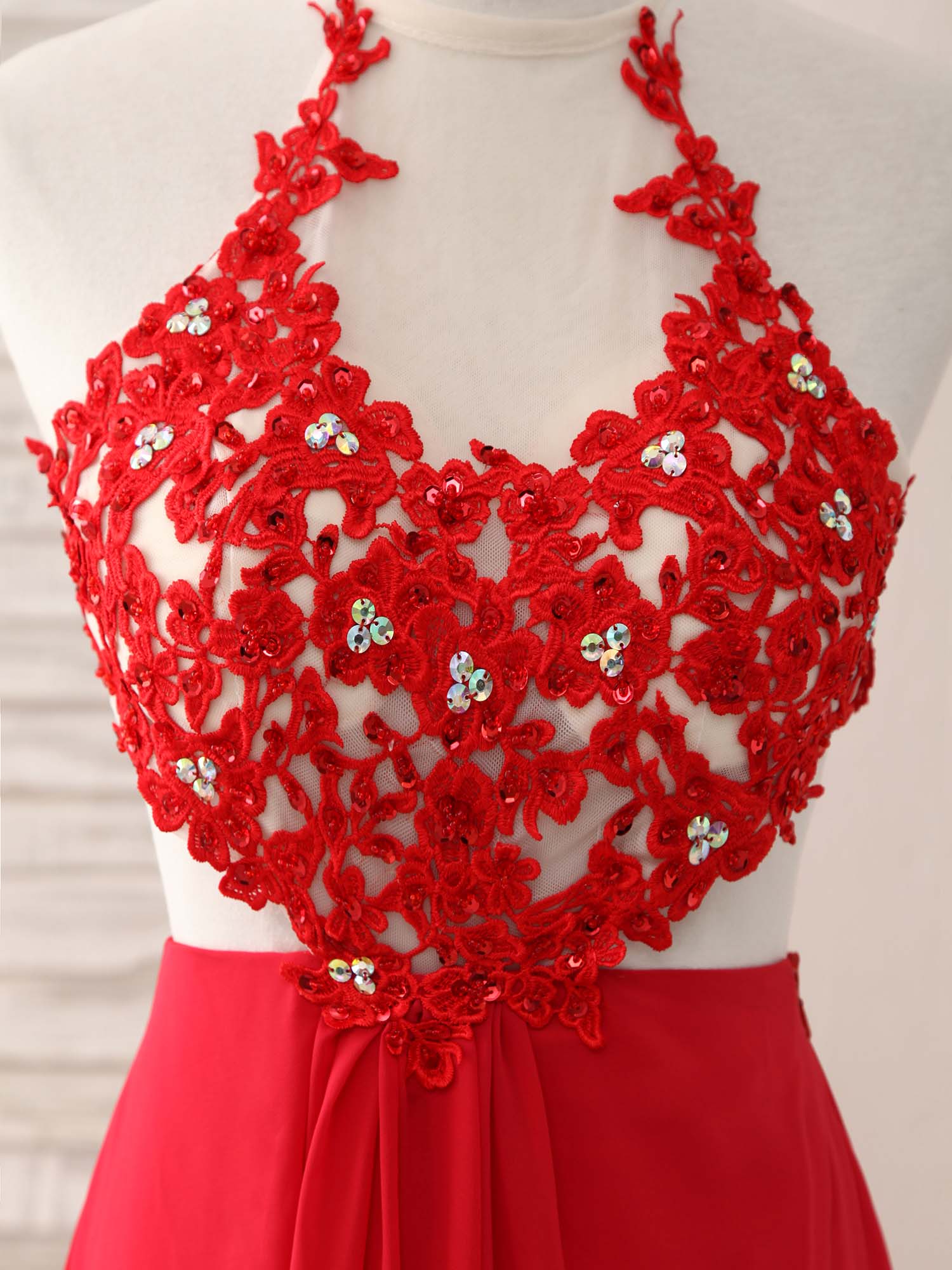 Red Hight Neck Chiffon Lace Applique Long Prom Dress, Red Formal Dress - Deanwangkt