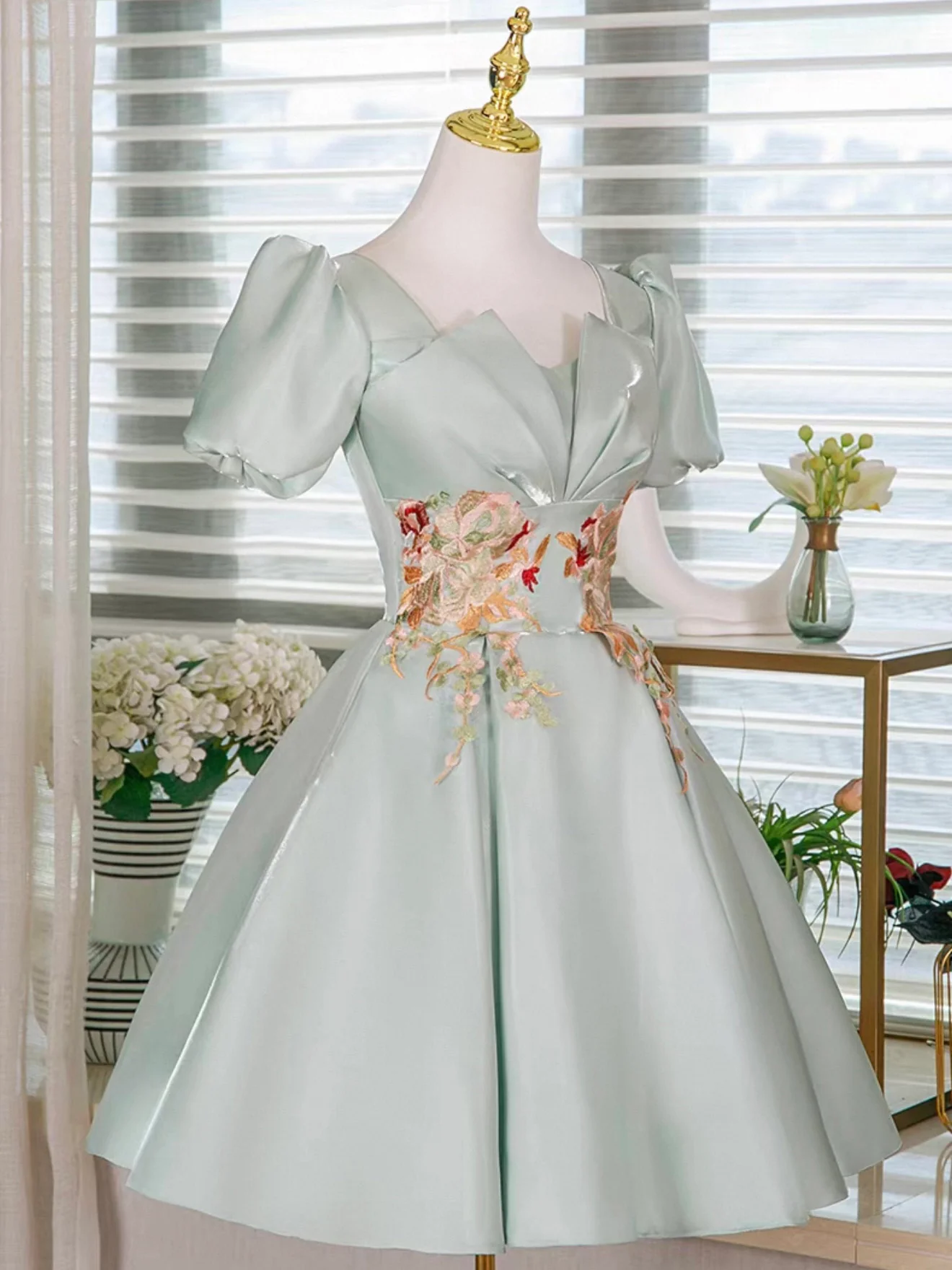 Light Green Satin Lace Applique Short Prom Dress, Cute Homecoming Dress - Deanwangkt