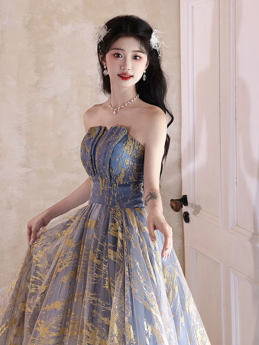 A-Line Tulle Gold/Blue Long Prom Dress, Blue Formal Evening Dress - Deanwangkt