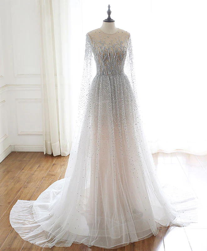 Unique Round Neck Tulle Sequin Beads Long Prom Dress - Deanwangkt