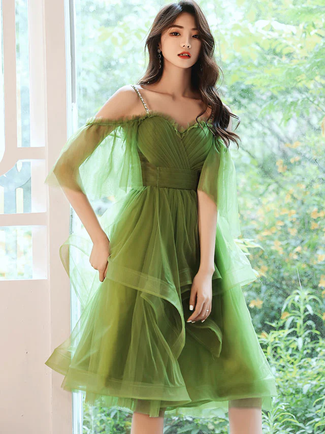 Green Sweetheart Neck Green Tulle Prom Dress, Puffy Green Homecoming Dress - Deanwangkt