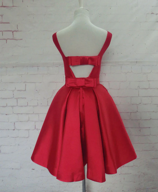 Cute Red A Line Satin Short Prom Dress, Backless Red Homecoming Dresses - Deanwangkt