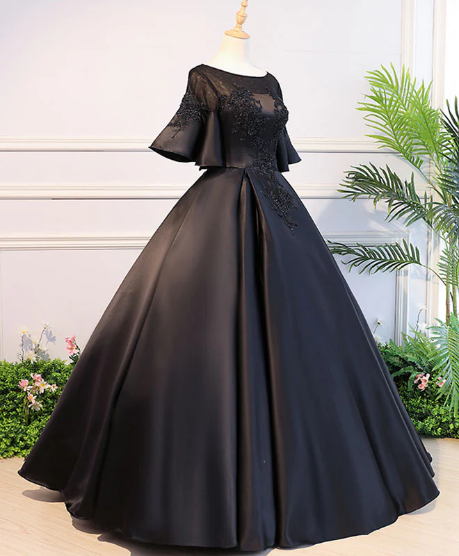 Black Round Neck Satin Lace Long Prom Dress, Sweet 16 Dress - Deanwangkt