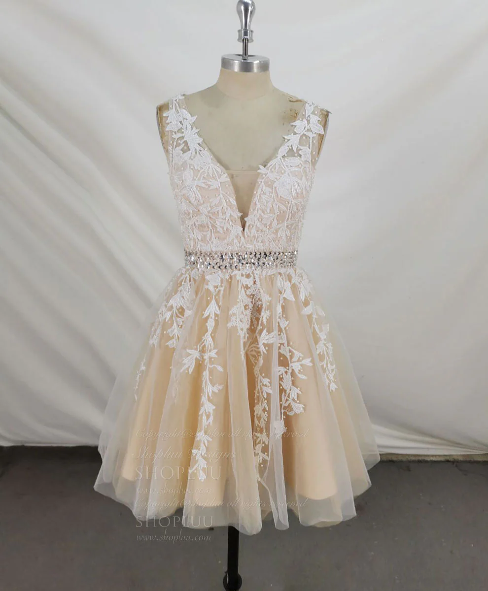 Champagne V Neck Tulle Lace Short Prom Dress Champagne Homecoming Dress - Deanwangkt