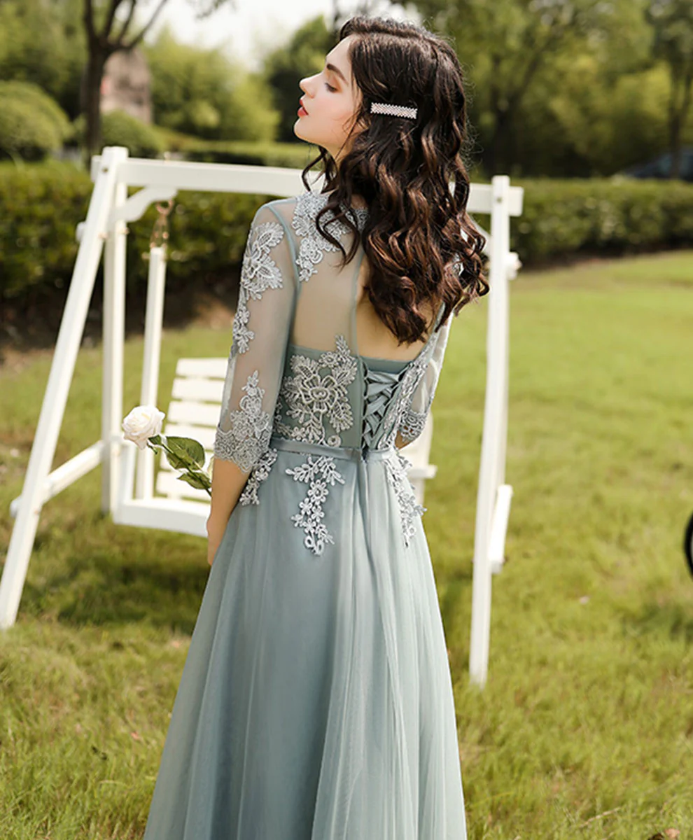 Green Tulle Lace Long Prom Dress, Green Tulle Lace Bridesmaid Dress - Deanwangkt