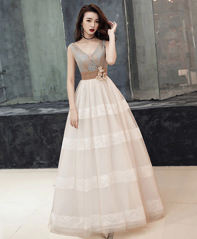 Unique V Neck Tulle Lace Long Prom Dress Tulle Lace Formal Dress - Deanwangkt