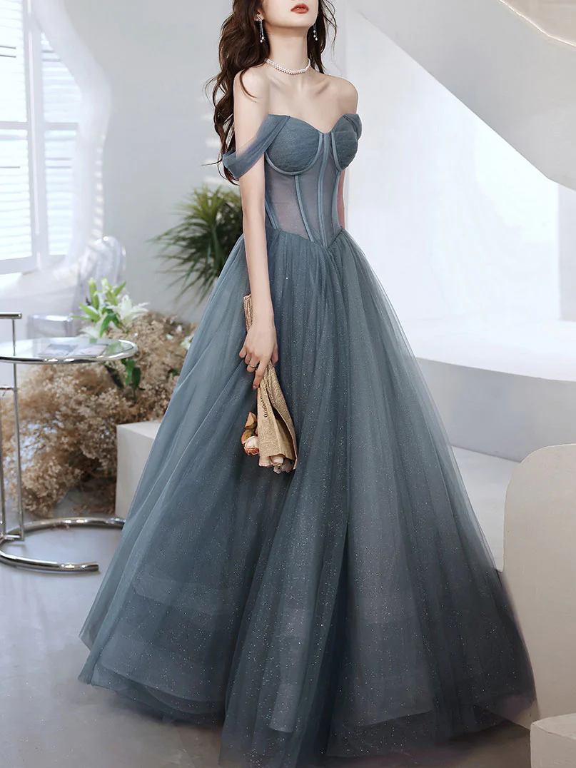 A-line Sweetheart Neck Gray Blue Tulle Long Prom Dress Blue Evening Dress - Deanwangkt