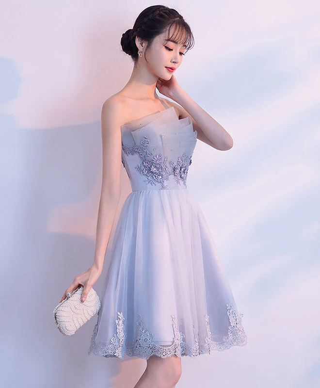 Gray Tulle Lace Applique Short Prom Dress, Gray Homecoming Dress - Deanwangkt