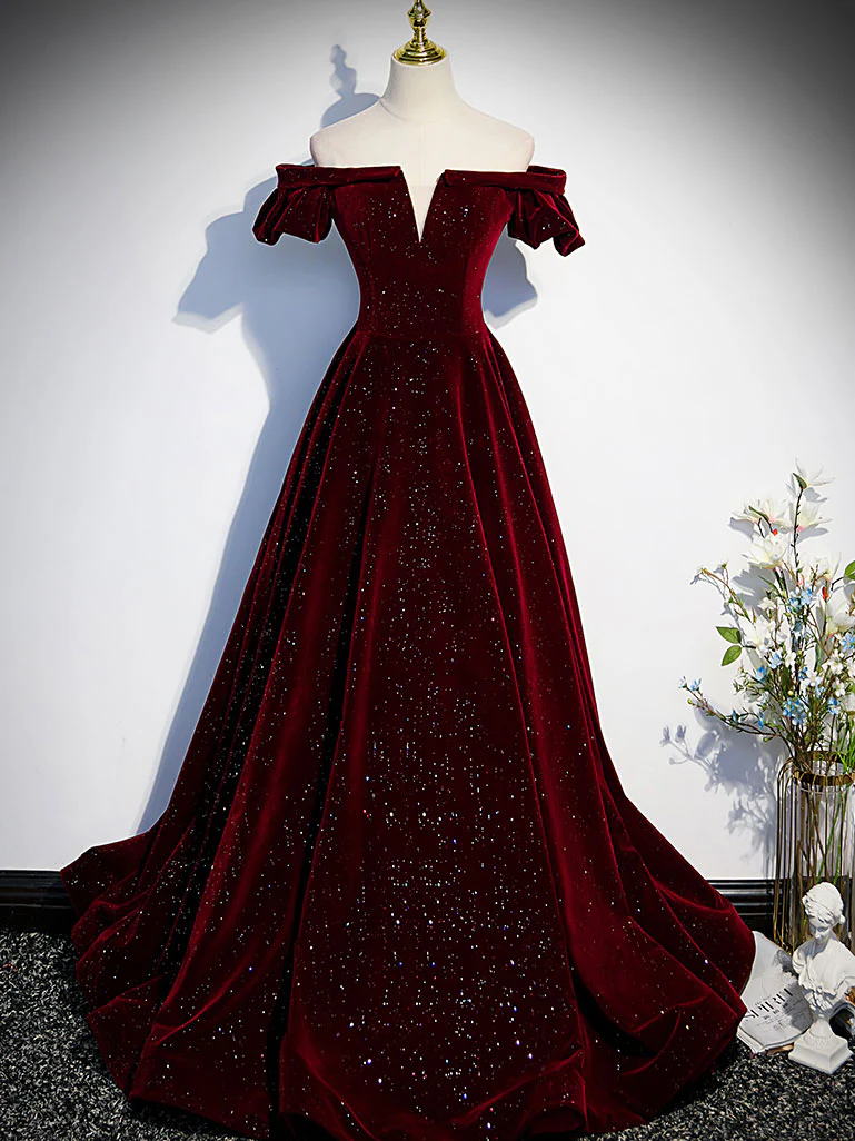 Burgundy Velvet Long Prom Dress, Burgundy Long Formal Dress - Deanwangkt