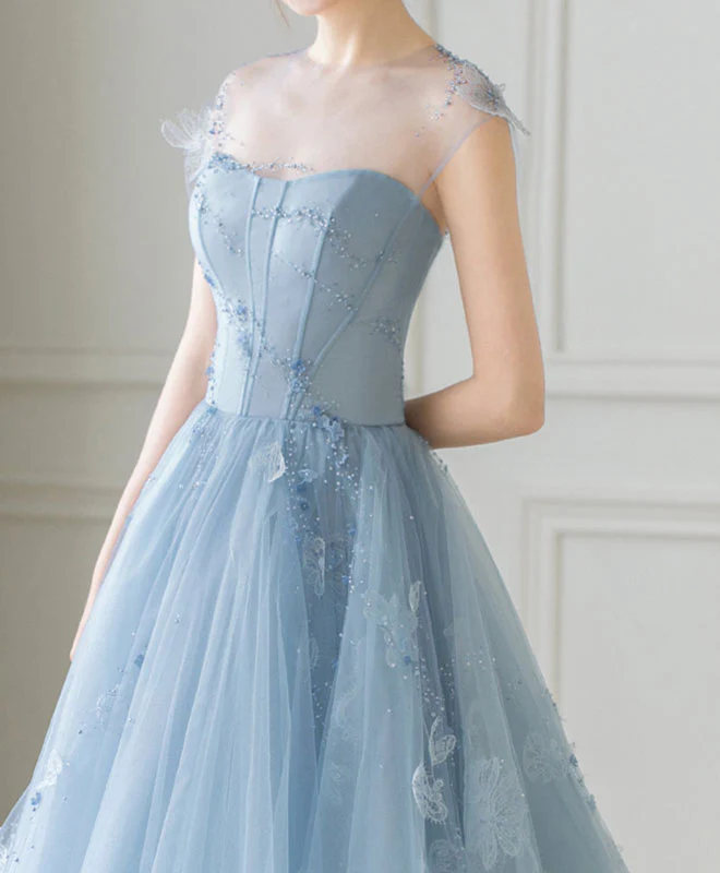 Blue Tulle Short Prom Dress, Blue Homecoming Dress with Lace Beading - Deanwangkt