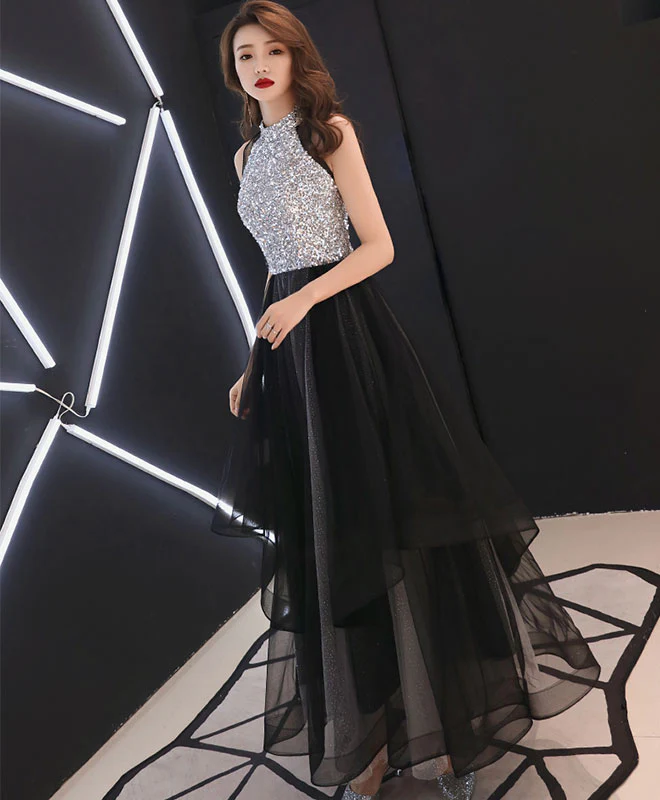 Black Sequin Tulle Long Prom Dress, Black Tulle Evening Dress - Deanwangkt